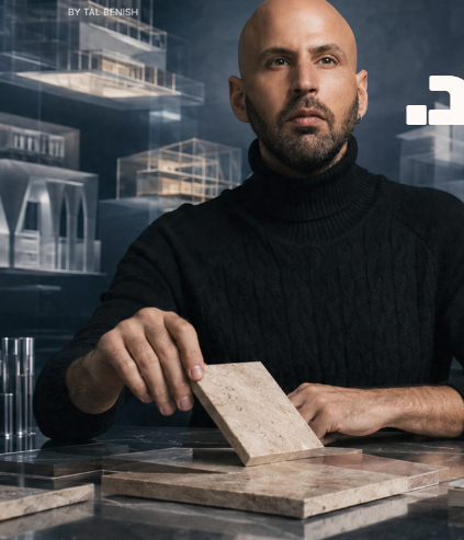 טל בניש בסטודיו עם דגימות חומרים